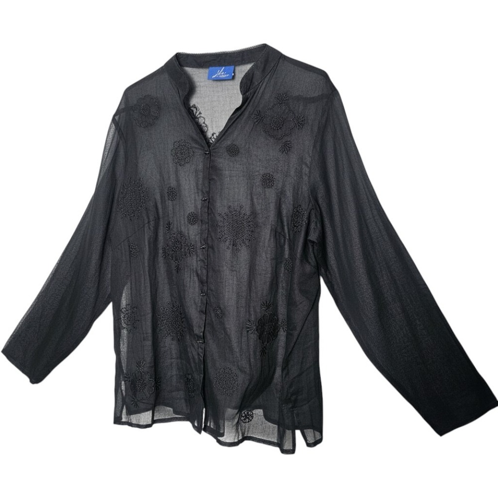 J.H. Collectibles  VTG 1X‎ Sheer Embroidered Button Front Top Black Boho Floral